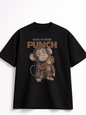 Fuddy Moda Unisex Hang In There Maymun Punch Baskılı Tişört, Oversize Yalnız Maymun Temalı Bisiklet Yaka T-Shirt