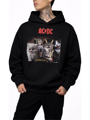 Fuddy Moda Unisex Ac-Dc Kedi Baskılı Kapüşonlu Sweatshirt, Oversize Cat Rock Band Temalı Hoodie