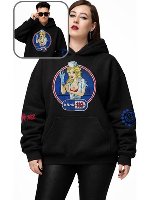 Fuddy Moda Unisex BLINK-182 Kol Baskılı Kapüşonlu Sweatshirt, Oversize Rock Band Temalı Hoodie