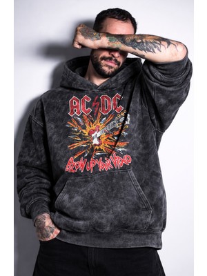 Fuddy Moda Unisex Oversize Ac-Dc Blow Up Your Video Baskılı Kapüşonlu Yıkamalı Sweatshirt