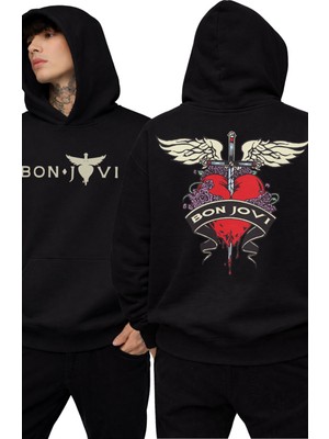 Fuddy Moda Unisex Bon Jovi Sırt Baskılı Kapüşonlu Sweatshirt, Oversize Rock Band Temalı Hoodie