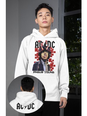 Fuddy Moda Unisex Ac-Dc Angus Young Ense Baskılı Kapüşonlu Sweatshirt, Oversize Rock Band Temalı Hoodie