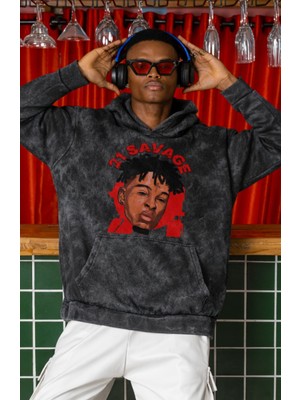 Fuddy Moda Unisex 21 Savage Baskılı Kapüşonlu Yıkamalı Sweatshirt, Oversize Rapper Temalı Retro Hoodie