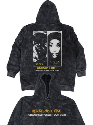 Fuddy Moda Unisex Kendrick x Sza Tour Sırt Baskılı Kapüşonlu Yıkamalı Sweatshirt, Unisex Rapper Vintage Hoodie