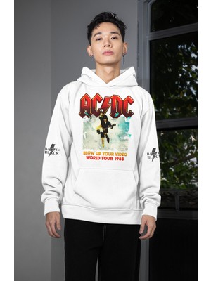 Fuddy Moda Unisex Ac-Dc Back In Black Kol Baskılı Kapüşonlu Sweatshirt, Oversize Rock Band Temalı Hoodie