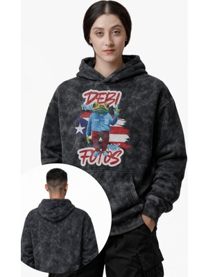 Fuddy Moda Unisex Oversize Bad Bunny Debi Tirar Mas Fotos Flag Baskılı Kapüşonlu Yıkamalı Sweatshirt