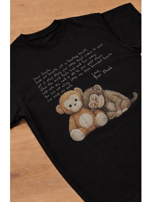 Fuddy Moda Unisex Maymun Punch Mektup Baskılı Tişört, Oversize Yalnız Maymun Temalı Bisiklet Yaka T-Shirt