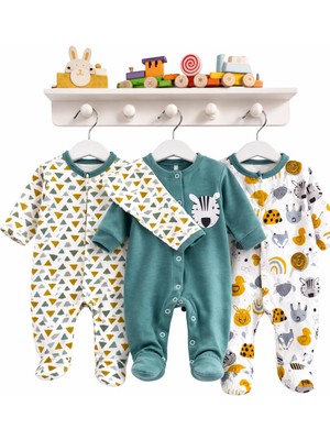 Tuo Bebe %100 Pamuk Renkli Zebra Hayvan Desenli 3'lü Patikli Tulum (Kız - Erkek - Yenidoğan)