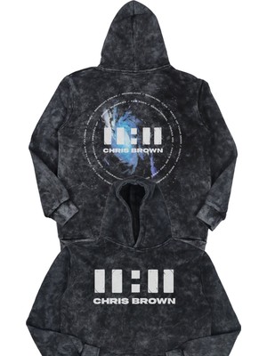 Fuddy Moda Unisex 11:11 Sırt Baskılı Kapüşonlu Yıkamalı Sweatshirt, Oversize Chris Brown Temalı Retro Hoodie