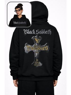 Fuddy Moda Unisex Cross Purposes Black Sabbath Sırt Baskılı Kapüşonlu Sweatshirt, Oversize Rock Band Hoodie