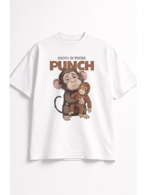 Fuddy Moda Unisex Hang In There Maymun Punch Baskılı Tişört, Oversize Yalnız Maymun Temalı Bisiklet Yaka T-Shirt