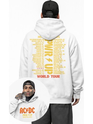 Fuddy Moda Unisex Ac-Dc Pwr Up Tour Sırt Baskılı Kapüşonlu Sweatshirt, Oversize Rock Band Temalı Hoodie