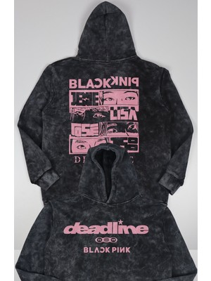 Fuddy Moda Unisex Oversize Kpop Deadline Blackpink Sırt Baskılı Kapüşonlu Yıkamalı Retro Sweatshirt