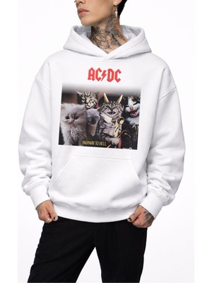 Fuddy Moda Unisex Ac-Dc Kedi Baskılı Kapüşonlu Sweatshirt, Oversize Cat Rock Band Temalı Hoodie