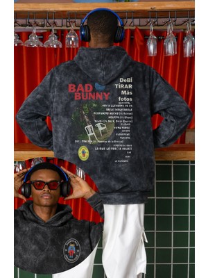 Fuddy Moda Unisex Dtmf Sırt Baskılı Kapüşonlu Yıkamalı Sweatshirt, Oversize Bad Bunny Temalı Vintage Hoodie