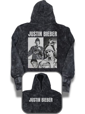 Fuddy Moda Unisex Justin Bieber Sırt Baskılı Kapüşonlu Yıkamalı Sweatshirt, Oversize Müzik Temalı Retro Hoodie