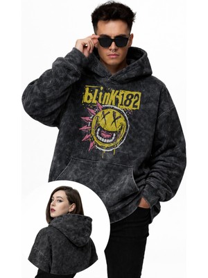 Fuddy Moda Unisex BLINK-182 Baskılı Kapüşonlu Yıkamalı Sweatshirt, Oversize Rock Band Temalı Vintage Hoodie