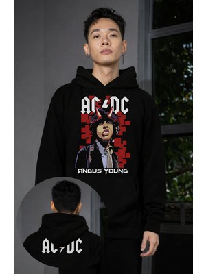 Fuddy Moda Unisex Ac-Dc Angus Young Ense Baskılı Kapüşonlu Sweatshirt, Oversize Rock Band Temalı Hoodie