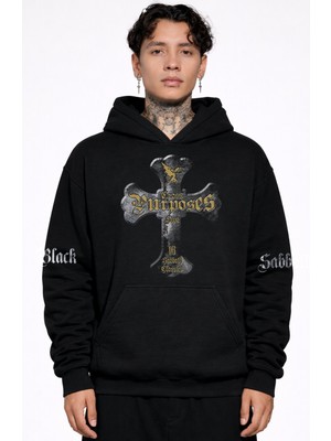 Fuddy Moda Unisex Black Sabbath Cross Purposes Kol Baskılı Kapüşonlu Sweatshirt, Oversize Rock Band Hoodie