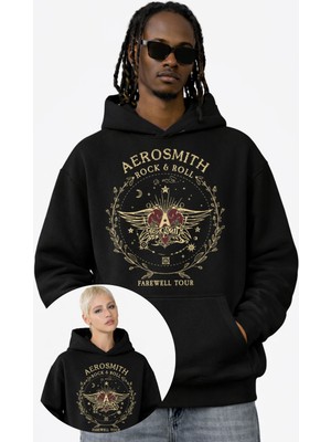 Fuddy Moda Unisex Aerosmith Rock And Roll Yazılı Kapüşonlu Sweatshirt, Oversize Rock Band Baskılı Hoodie