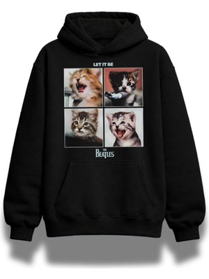 Fuddy Moda Unisex The Beatles Let It Be Kedi Baskılı Kapüşonlu Sweatshirt,oversize Cat Rock Band Temalı Hoodie