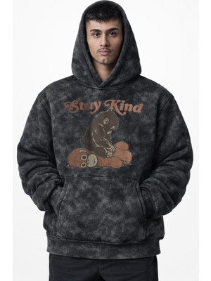 Fuddy Moda Unisex Oversize Stay Kind Maymun Punch Baskılı Kapüşonlu Yıkamalı Sweatshirt