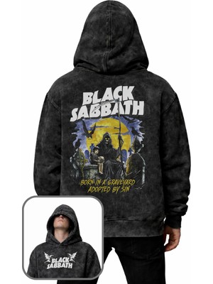 Fuddy Moda Unisex Oversize Black Sabbath Born In Sırt Baskılı Kapüşonlu Yıkamalı Rock Band Sweatshirt