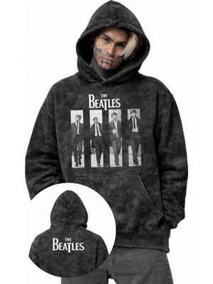 Fuddy Moda Unisex Oversize The Beatles Ense Baskılı Kapüşonlu Yıkamalı Rock Band Sweatshirt