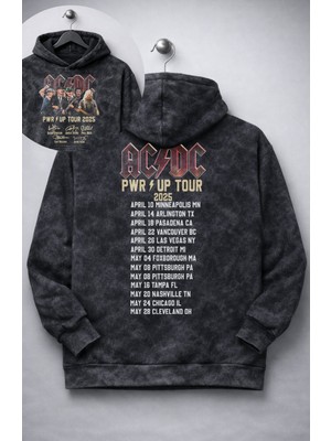 Fuddy Moda Unisex Oversize Ac-Dc Pwr Up Tour 2025 Sırt Baskılı Kapüşonlu Yıkamalı Rock Band Sweatshirt