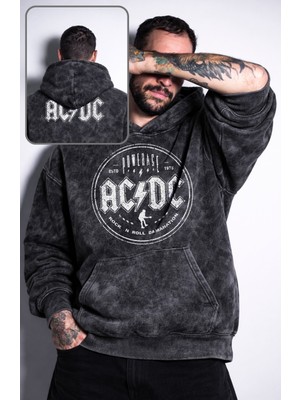 Fuddy Moda Unisex Ac-Dc Powerage Ense Baskılı Kapüşonlu Yıkamalı Sweatshirt, Oversize Rock Band Temalı Hoodie