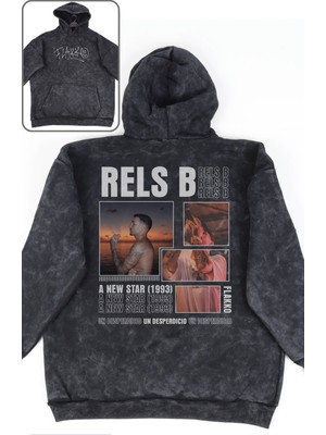 Fuddy Moda Unisex Rels B Sırt Baskılı Kapüşonlu Yıkamalı Sweatshirt, Oversize Şarkıcı Temalı Vintage Hoodie