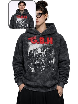 Fuddy Moda Unisex Charged Gbh Baskılı Kapüşonlu Yıkamalı Sweatshirt, Oversize Rock Band Temalı Vintage Hoodie