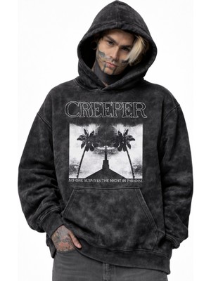 Fuddy Moda Unisex Creeper Baskılı Kapüşonlu Yıkamalı Sweatshirt, Oversize Rock Band Temalı Vintage Hoodie