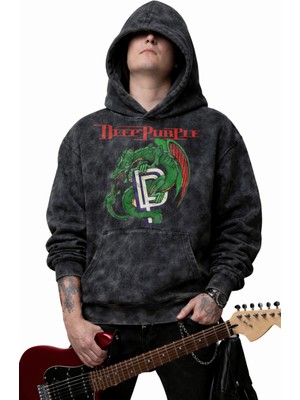 Fuddy Moda Unisex Deep Purple Baskılı Kapüşonlu Yıkamalı Sweatshirt, Oversize Rock Band Temalı Vintage Hoodie