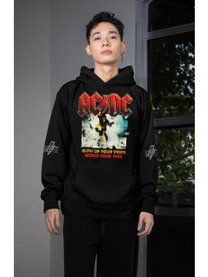 Fuddy Moda Unisex Ac-Dc Back In Black Kol Baskılı Kapüşonlu Sweatshirt, Oversize Rock Band Temalı Hoodie