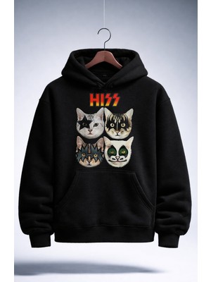 Fuddy Moda Unisex Kiss Hiss Kedi Baskılı Kapüşonlu Sweatshirt, Oversize Cat Rock Band Temalı Hoodie