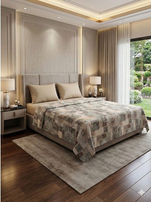 Tekstil Vagonu %100 Pamuk Pike Takımı 200X220 Çift Kişilik – Lastikli Çarşaflı (Çarşaf %80 Pamuk)-Bej Patch