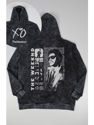 Fuddy Moda Unisex Xo Weeknd Sırt Baskılı Kapüşonlu Yıkamalı Sweatshirt, Oversize Rapper Temalı Retro Hoodie