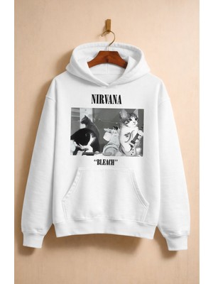 Fuddy Moda Unisex Nirvana Bleach Kedi Baskılı Kapüşonlu Sweatshirt, Oversize Cat Rock Band Temalı Hoodie