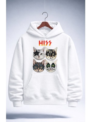 Fuddy Moda Unisex Kiss Hiss Kedi Baskılı Kapüşonlu Sweatshirt, Oversize Cat Rock Band Temalı Hoodie