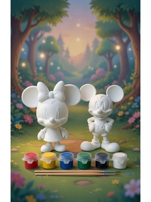 Printella Mickey & Minnie Mouse Boyama Seti – Sevgili & Çocuklara Özel, 6 Renk Akrilik Boya, 2 Fırça