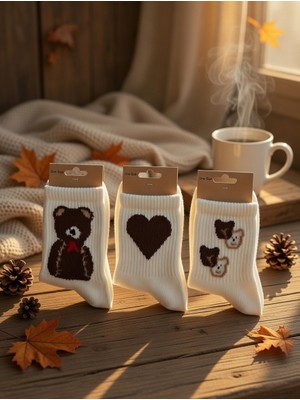 DeGo Shop 3'lü Peluş Teddy ve Kalp Desen Kadın Kolej,soket Çorap