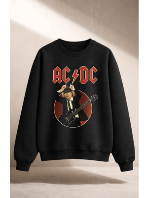Fuddy Moda Unisex Oversize Rock Band Funny Ac-Dc Baskılı Bisiklet Yaka Kapüşonsuz Sweatshirt