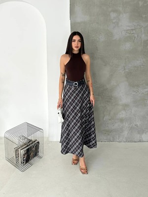 Win Moda Winmoda Kadın Ekose Kemerli Uzun Etek Tesettür Uyumlu Kloş Model 2625 EKOSE-2