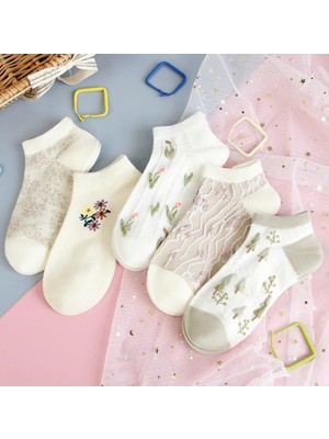 5 Çift Çiçek Desenli Kadın Kısa Çorap