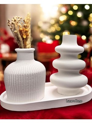 El Yapımı Taş Tozu Dekorstif 3'lü Vazo,spiral ve Tabak Seti Hediyelik Modern Salon ve Ev Dekorasyon Objesi