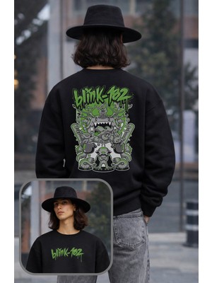Fuddy Moda Unisex Oversize BLINK-182 Green Sırt Baskılı Bisiklet Yaka Kapüşonsuz Sweatshirt