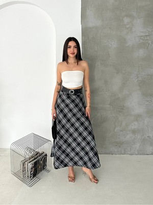 Win Moda Winmoda Kadın Ekose Kemerli Uzun Etek Tesettür Uyumlu Kloş Model 2625 EKOSE-3