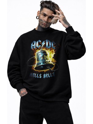 Fuddy Moda Unisex Oversize Rock Band Ac-Dc Hells Bells Baskılı Bisiklet Yaka Kapüşonsuz Sweatshirt
