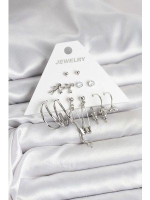 Pazarcan Pirinç Gümüş Renk 6'lı Kadın Küpe Seti